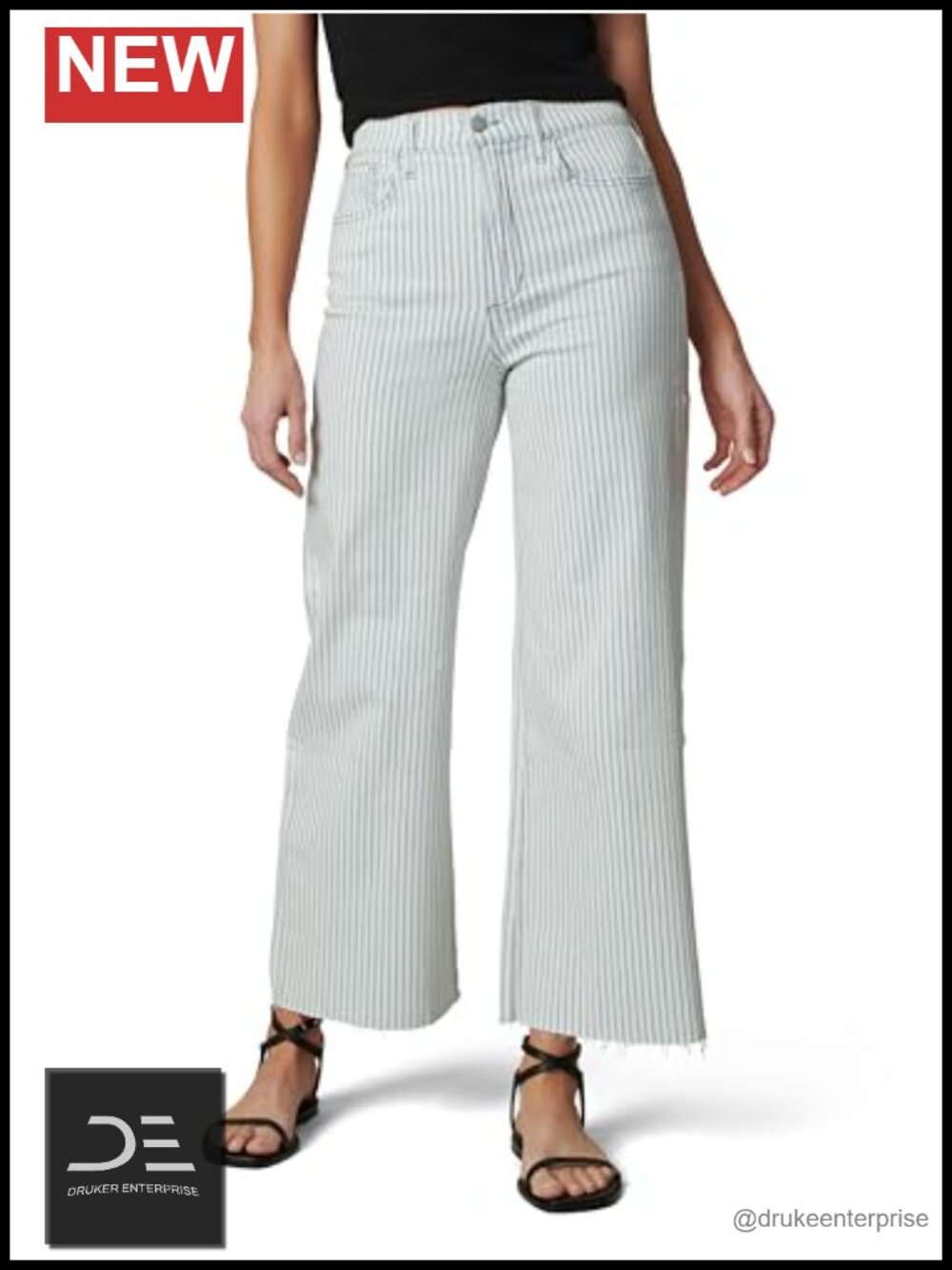 High Rise Wide Leg Striped Ankle Jeans Cotton Spandex Stretch
